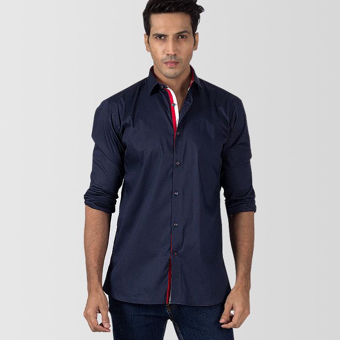 Navy Blue Cotton Casual Shirt With Red ...