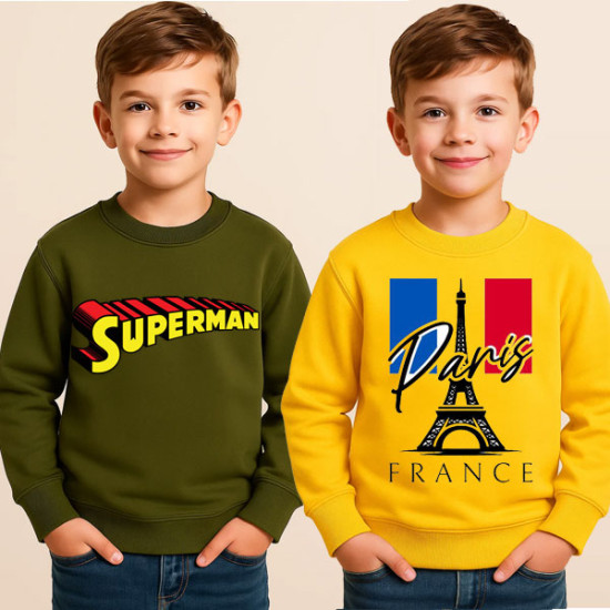 Yellow Paris & Army Green Superman Kids Sweatshirt