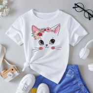 Cat White Printed Tshirt For Girls
