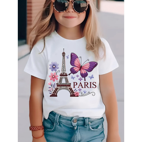 White Paris Printed Tshirt For Girls