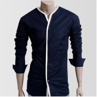 Dark Blue Designer Shirt wihout Collar and White