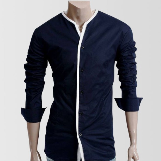 Dark Blue Designer Shirt wihout Collar and White