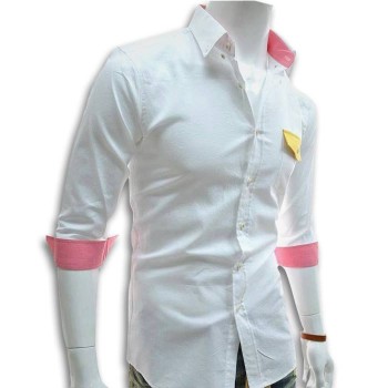 White Designer Shirt with Pink Contrast and yellow Pocket Flap