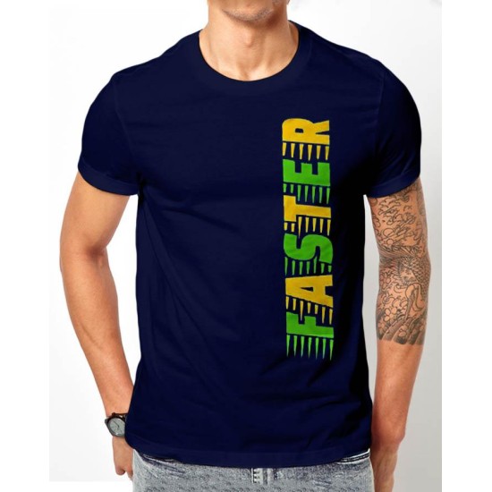 Faster Navy Blue Half Sleeves Printed T-Shirt