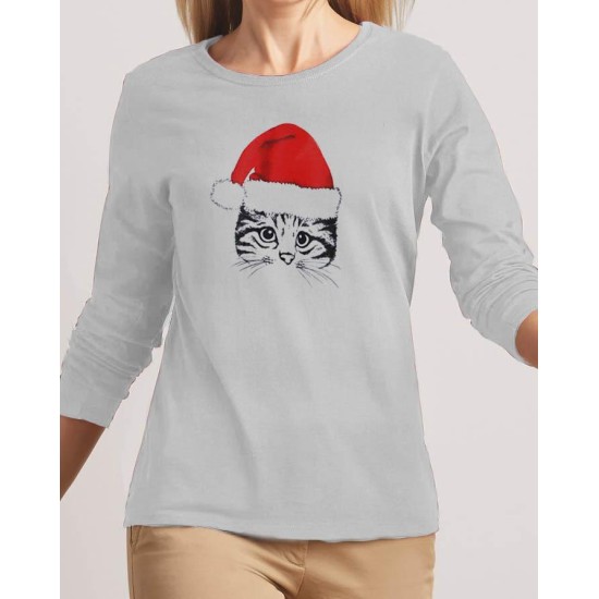 Santa Cat Full Sleeves T-Shirt For Women