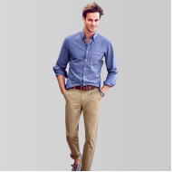 Khaki Slim Fit Pant With Blue Chambray Formal Shirt  