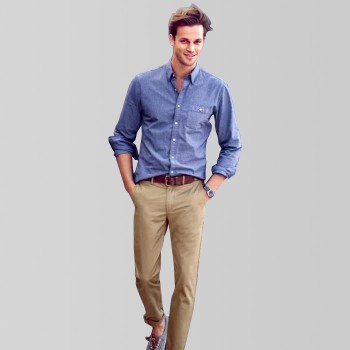 Khaki Slim Fit Pant With Blue Chambray Formal Shirt  