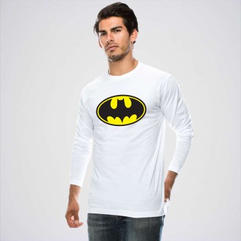 White Round Neck Full Sleeves Bat Man Logo T-Shirt 