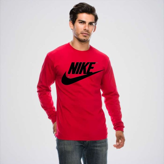 Red Round Neck Full Sleeves Logo T-Shirt 