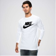 White Round Neck Full Sleeves Logo T-Shirt 