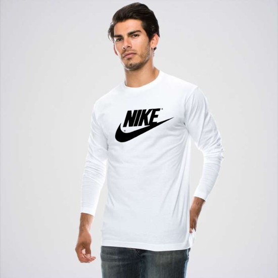 White Round Neck Full Sleeves Logo T-Shirt 