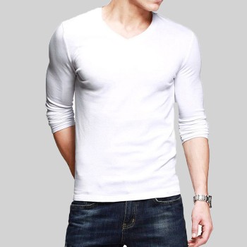 White V-Neck Full Sleeves T-Shirt