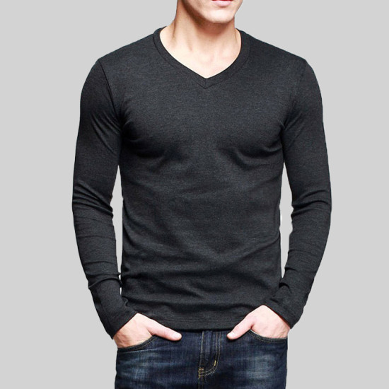 Charcoal Gray V-Neck Full Sleeves T-Shirt
