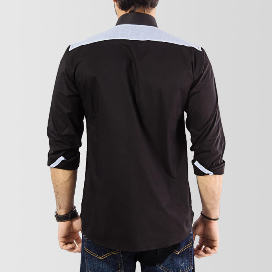 Black Cotton Casual Shirt With Light Blue Contrast Black Cotton Casual Shirt With Light Blue Contrast