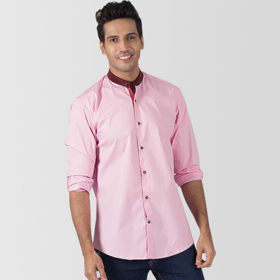 Pink Cotton With Corduroy Collar Casual Shirt