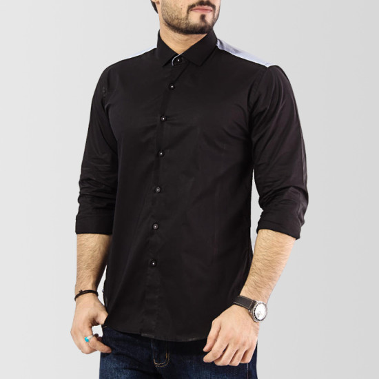 Black Cotton Casual Shirt With Light Blue Contrast Black Cotton Casual Shirt With Light Blue Contrast