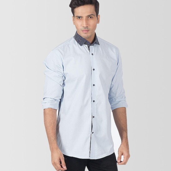 Sky Blue Cotton With Contrast Dotted Casual Shirt