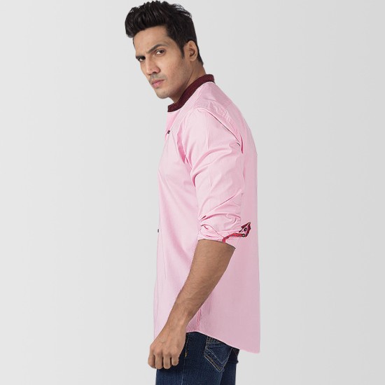 Pink Cotton With Corduroy Collar Casual Shirt