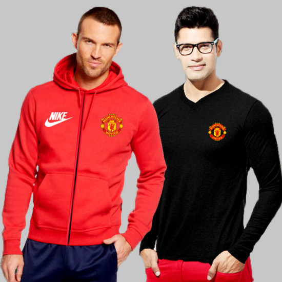 Red Fleece Manchester United Hoodie With Full Sleeves T-Shirt Red Fleece Manchester United Hoodie With Full Sleeves T-Shirt