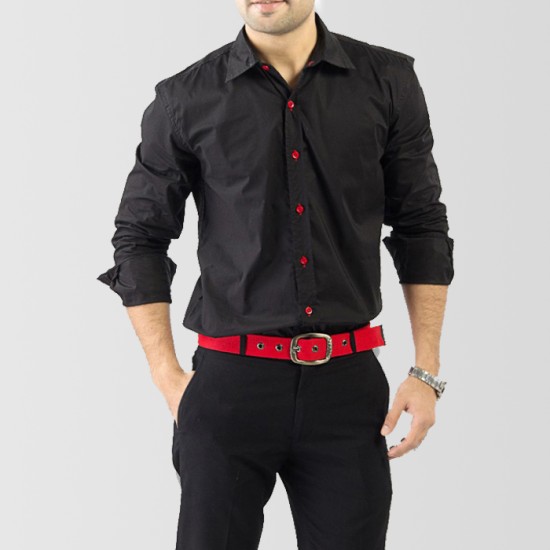 Black Designer Shirt with Red Buttons 