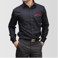 Black Designer Shirt with Red Pocket Bone