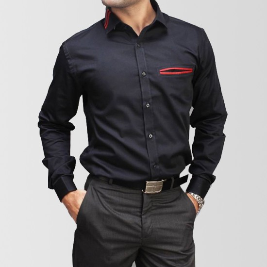 Black Designer Shirt with Red Pocket Bone