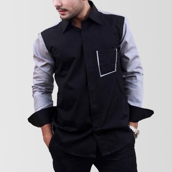 Black Designer Shirt with Light Grey Sleeves and Pocket Borders