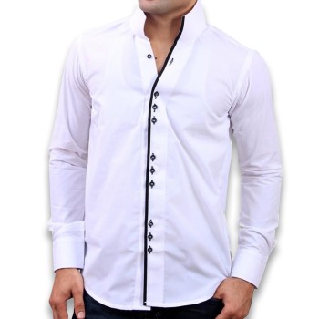 White Designer Shirt with Sherwani Collar and Three Buttons 