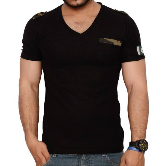 Loop Style Black V Neck Summer T-Shirt -army loops 