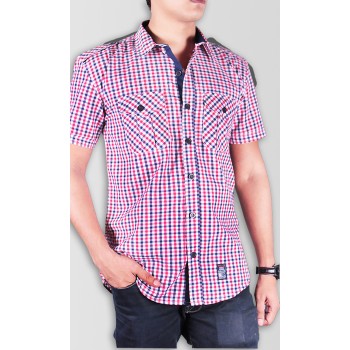 Men Red Black And White Checked Half Sleeve Casual Shirt