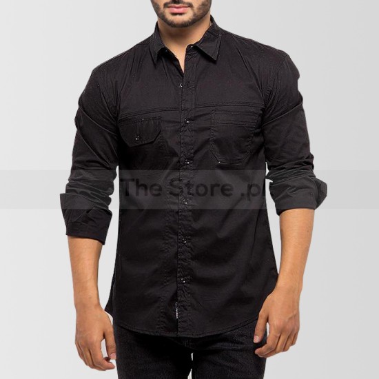 Black Cotton Poplin Shirt with Dotted Contrast