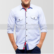 Sky Blue Cotton Casual Shirt with Red Ribbon