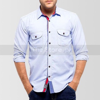 Sky Blue Cotton Casual Shirt with Red Ribbon