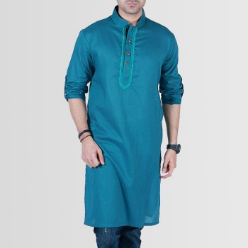 Aqua Green Mix Cotton Kurta with Embroidered Placket