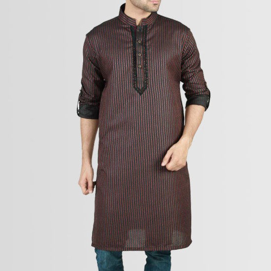 Black-Red Mix Cotton Vertical Striped Kurta 