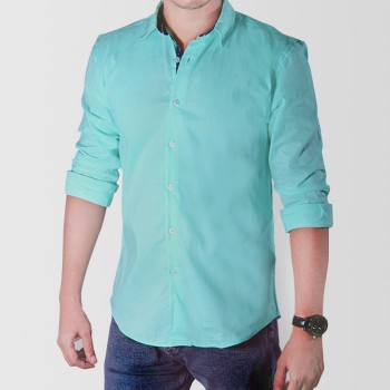 Turquoise Poplin With Print Contrast Casual Shirt