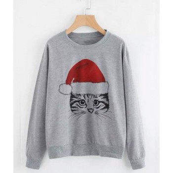 Grey Women's Sweat Shirt With Christmas Cat Logo