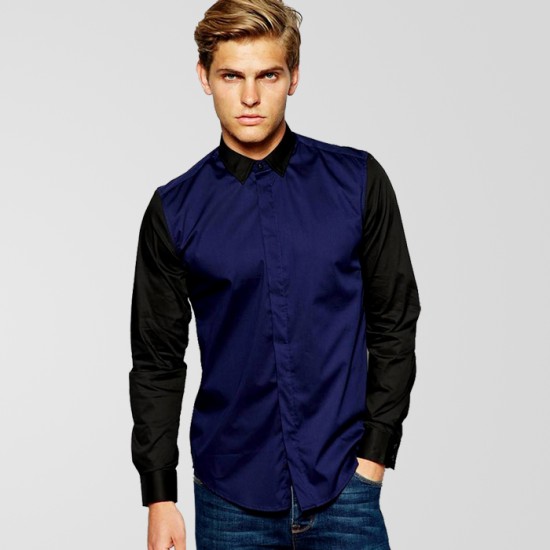 Royal Blue Casual Shirt With Black Sleeve