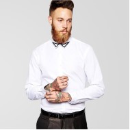 White Casual Shirt With Black Contrast Collard