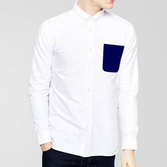 White Casual Shirt With Blue Pocket White Casual Shirt With Blue Pocket