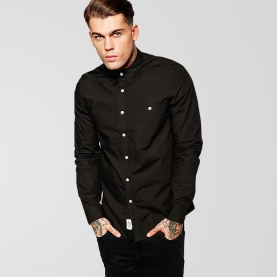 Pure Black Casual Shirt With White Button