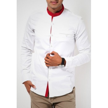 White Designer Shirt with Red Sherwani Collar and Contrast