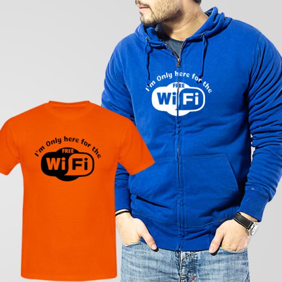 Blue Fleece Zipper Hoodie With Free Wifi T-Shirt