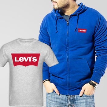 Blue Fleece Zipper Hoodie With Levis T-Shirt