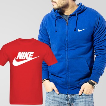 Blue Fleece Zipper Hoodie With Nike T-Shirt