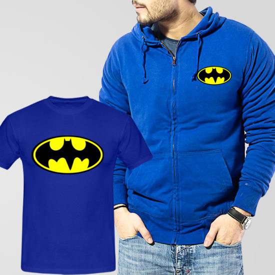 Blue Fleece Zipper Hoodie With Bat Man T-Shirt Blue Fleece Zipper Hoodie With Bat Man T-Shirt