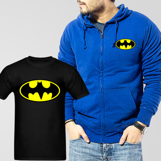Blue Fleece Zipper Hoodie With Bat Man T-Shirt Blue Fleece Zipper Hoodie With Bat Man T-Shirt