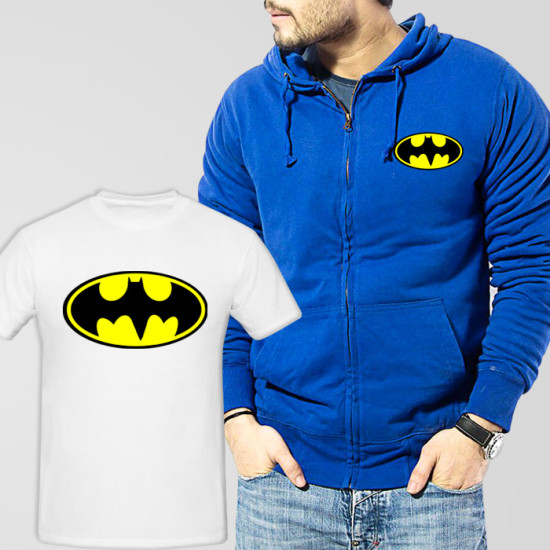 Blue Fleece Zipper Hoodie With Bat Man T-Shirt Blue Fleece Zipper Hoodie With Bat Man T-Shirt