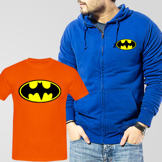 Blue Fleece Zipper Hoodie With Bat Man T-Shirt Blue Fleece Zipper Hoodie With Bat Man T-Shirt
