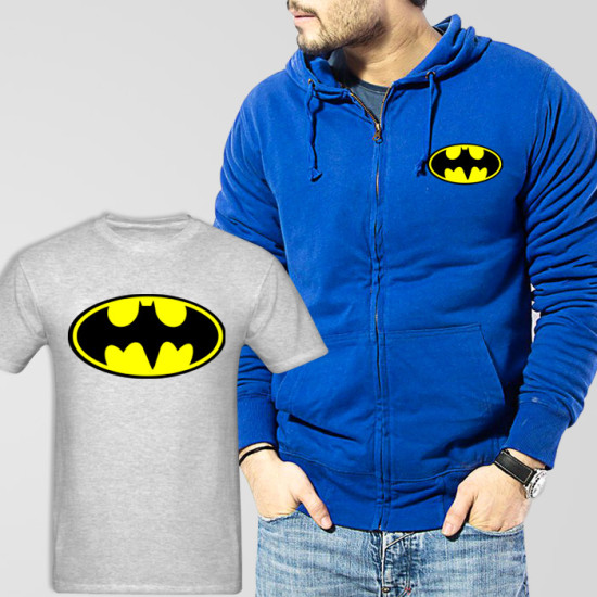 Blue Fleece Zipper Hoodie With Bat Man T-Shirt Blue Fleece Zipper Hoodie With Bat Man T-Shirt